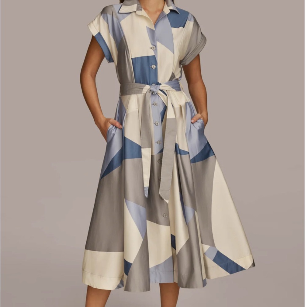 Donna Karan Abstract Midi Dress in Blue and Cream